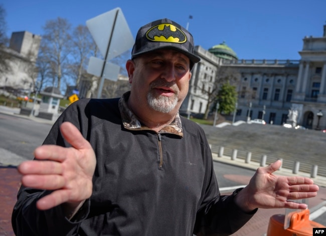 Activist Eric Epstein, speaking during an interview with AFP in Harrisburg, Pa., March 26, 2019, brushes aside the arguments for keeping Three Mile Island open: "It's an aging plant. It's time to shut it down."
