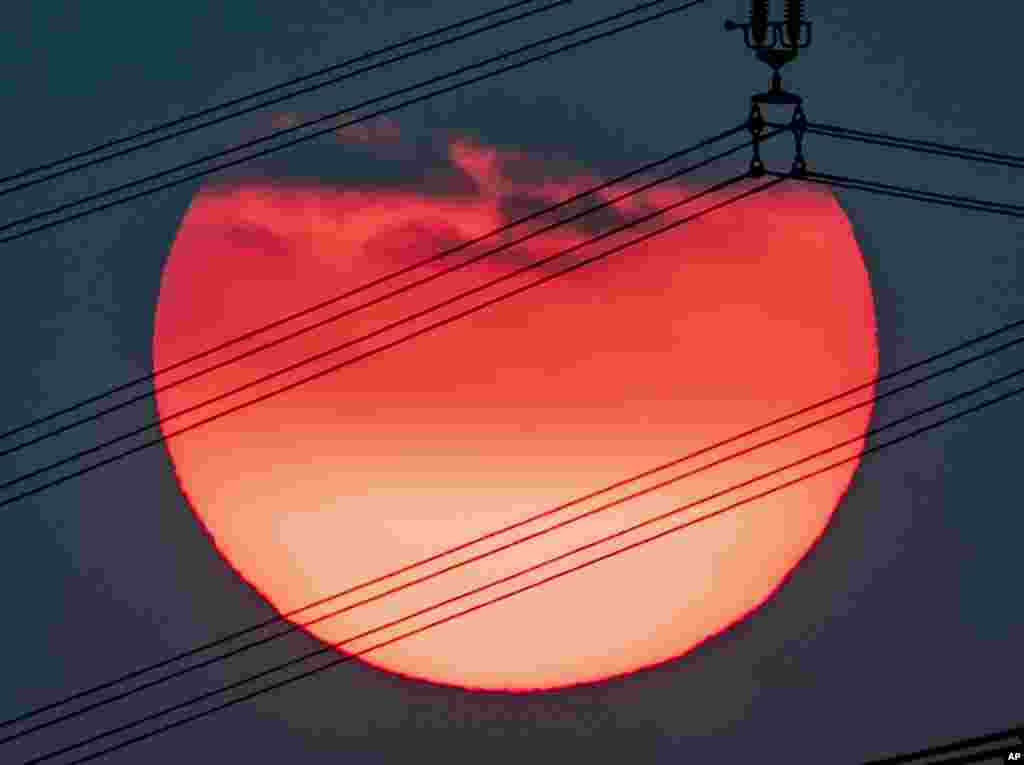 نمایی از خورشید در هنگام طلوع آفتاب در حاشیه فرانکفورت آلمان که به رنگ قرمز دیده می شود.&nbsp;