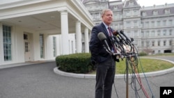 Republican Sen. Lindsey Graham speaks to members of the media outside the West Wing of the White House in Washington, after his meeting with President Donald Trump, Dec. 30, 2018.