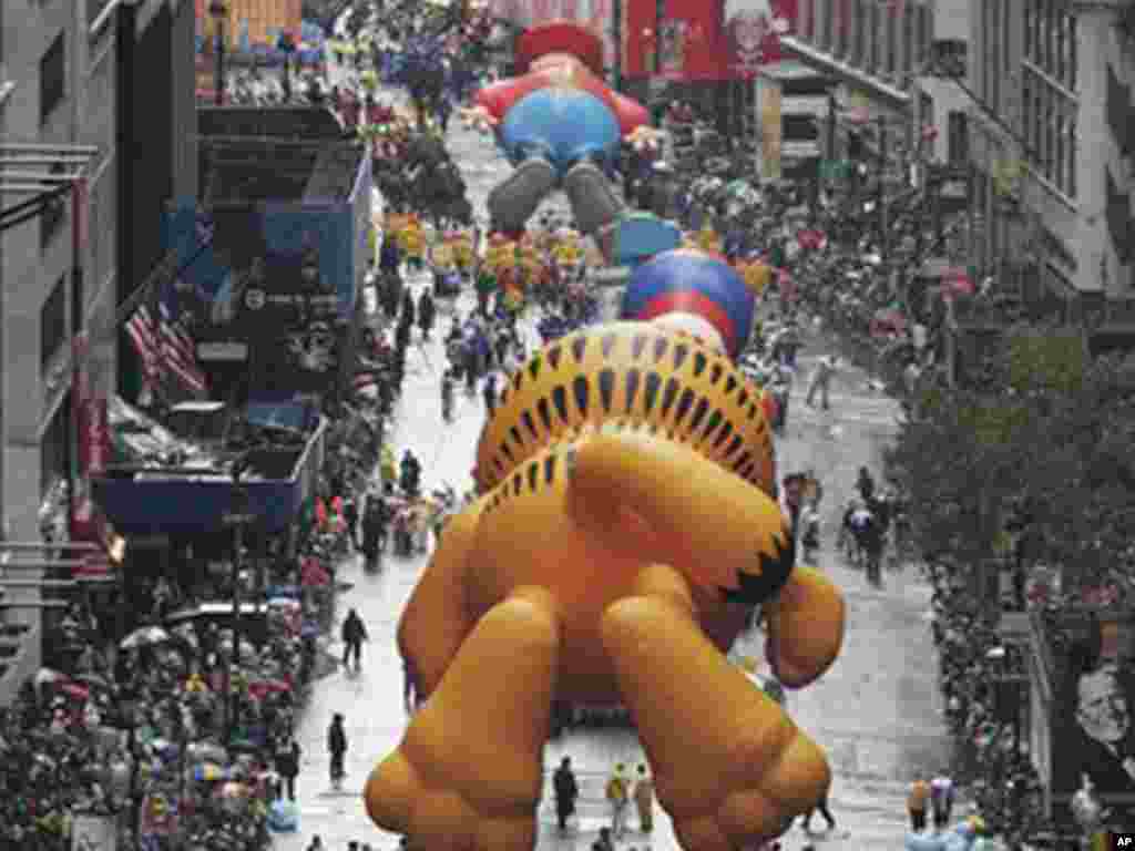 The Thanksgiving Day parade in New York draws massive crowds to watch huge balloons and peformances. (AP)