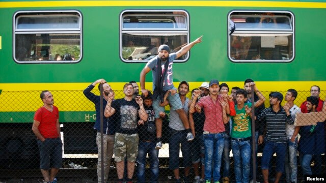 Un refugiado sirio protesta por el trato en la estación de trenes de Bicske en Hungría.