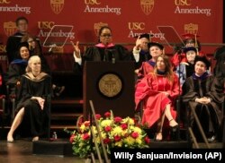 Oprah Winfrey speaks to graduates at USC's Annenberg School for Communication and Journalism at the Shrine Auditorium on Friday, May 11, 2018, in Los Angeles.