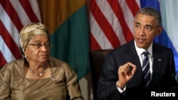 FILE - President Barack Obama and Liberian President Ellen Johnson Sirleaf participate in discussions at the White House in Washington about progress in West Africa against Ebola, April 15, 2015. 