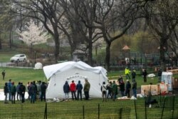 Para anggota staf LSM Samaritan's Purse mendirikan rumah sakit darurat di Central Park, New York, Minggu, 29 Maret 2020. (Foto: Reuters)