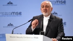 Iran's Foreign Minister Mohammad Javad Zarif speaks during the annual Munich Security Conference in Munich, Germany, Feb. 17, 2019. 