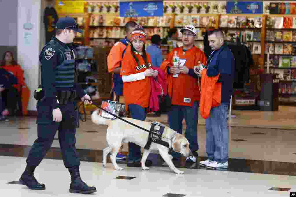 A police officer and his dog walk past football fans at the Secaucus Junction in Secaucus, N.J., Feb. 2, 2014.