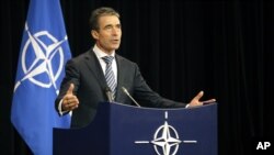 NATO Secretary General Anders Fogh Rasmussen speaks during a media conference after a meeting of NATO Defense Ministers at NATO headquarters in Brussels, Belgium, October 9, 2012.