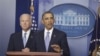 باراک اوباما، رییس جمهوری آمریکا در کنار جو بایدن (چپ) معاون رییس جمهوری، در حال سخنرانی پس از تصویب لایحه دوری از پرتگاه مالی در مجلس نمایندگان آمریکا. ۱ ژانویه ۲۰۱۳