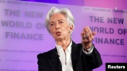 FILE - International Monetary Fund (IMF) Managing Director Christine Lagarde delivers a speech at the U.S. Chamber of Commerce in Washington, April 2, 2019.