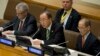 U.N. Secretary-General Ban Ki-moon, center, is joined by Intergovernmental Panel on Climate Change Chairman Hoesung Lee, right, and U.N. General Assembly President Mogens Lykketoft as he speaks during a high-level meeting on the Implementation of the Climate and Development Agendas, April 22, 2016, at U.N. headquarters.