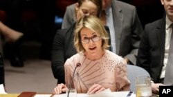 켈리 크래프트 유엔주재 미국대사가 지난 2월 뉴욕 유엔본부에서 열린 안보리 회의에서 발언하고 있다.
