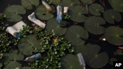 Sejumlah sampah botol air mineral tampak mengotori sebuah kanal di Kuttanadu, negara bagian Kerala, India, pada 20 Maret 2021. (Foto: AP/R S Iyer)