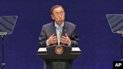 UN Secretary-General Ban Ki-moon speaks at the opening of the Jakarta International Defense Dialogue in Jakarta, Indonesia, March 21, 2012.
