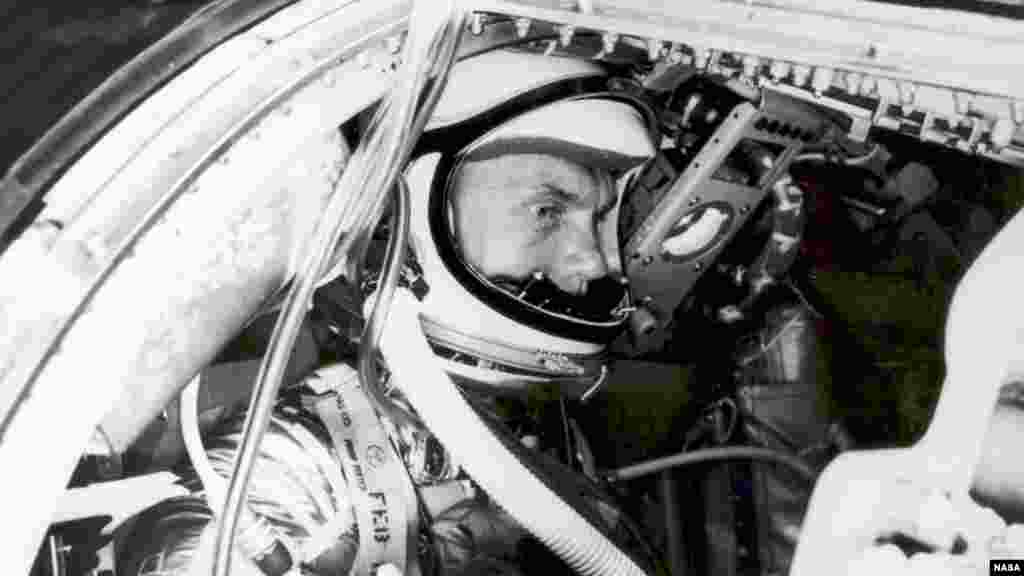 Astronaut John H. Glenn, Jr., undergoes a simulated orbital flight as part of his training for Project Mercury in the Manned Spacecraft Center's procedure trainer at Langley Air Force Base, Virginia, Nov. 29, 1961.