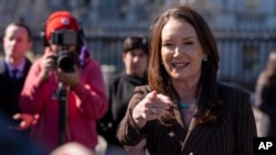 FILE - U.S. Agriculture Secretary Brooke Rollins speaks with reporters outside the White House, in Washington, Feb. 14, 2025.