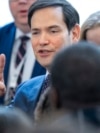 US Secretary of State Marco Rubio greets State Department staff during a welcome event at the State Department, Jan. 21, 2025, in Washington.