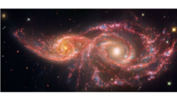 Gambar oleh Teleskop Antariksa NASA memperlihatkan IC 2163, galaksi spiral kecil di sebelah kiri yang melintas di belakang NGC 2207, galaksi spiral yang lebih besar di sebelah kanan. Galaksi-galaksi tersebut saling bergesekan jutaan tahun yang lalu. Kedua galaksi tersebut memiliki tingkat pembentukan bintang yang tinggi. Setiap tahun, galaksi-galaksi tersebut menghasilkan 24 bintang baru yang ukurannya sama dengan Matahari. (courtesy: NASA)