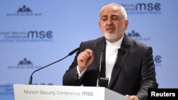 Iran's Foreign Minister Mohammad Javad Zarif speaks during the annual Munich Security Conference in Munich, Germany, Feb. 17, 2019. 