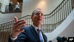 Rep. Adam Schiff, D-Calif., chairman of the House Intelligence Committee, speaks with reporters about a whistleblower complaint, Sept. 19, 2019, on Capitol Hill in Washington.