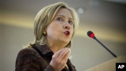 US Secretary of State Hillary Clinton speaking at the Human Rights Council in Geneva, February 28, 2011