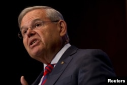 FILE - U.S. Senator Bob Menendez (D-NJ) speaks at Seton Hall University in South Orange, New Jersey, Aug. 18, 2015.