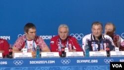 Alexander Ovechkin and Vladislav Tretiak, President of the Russian Ice Hockey Federation, speak to the media in Sochi, Feb. 12, 2014. (Jon Spier/VOA) 