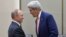 Russian President Vladimir Putin (L) greets U.S. Secretary of State John Kerry ahead of a meeting with U.S. President Barack Obama (not seen) on the sidelines of the G-20 Summit in Hangzhou, China, Sept. 5, 2016.