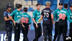 নামিবিয়ার জেজে স্মিট এবং নামিবিয়ার রুবেন ট্রাম্পেলম্যান শারজাহ, সংযুক্ত আরব আমিরাতে টি-টোয়েন্টি বিশ্বকাপ ম্যাচের পর নিউজিল্যান্ডের খেলোয়াড়দের সঙ্গে হাত মেলাচ্ছেন।৫ নভেম্বর ২০২১।(ছবি-এপি/কামরান জেব্রেলি) 