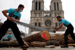 Carpenters showcase medieval techniques in front of Notre Dame Cathedral in Paris, France, Sept. 19, 2020. A total of 25 trusses are to be installed at an unknown date in the cathedral nave.