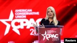 FILE - Former Florida Attorney General Pam Bondi speaks at the Conservative Political Action Conference in Orlando, Florida, Feb. 26, 2021. President-elect Donald Trump has nominated her to be U.S. attorney general. 