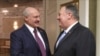 Belarusian President Alexander Lukashenko, left, greets U.S. Secretary of State Mike Pompeo during their meeting in Minsk, Belarus, Feb. 1, 2020. 