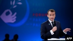 El presidente galo Emmanuel Macron en el Foro de París por la Paz. París, Francia, 11-11-18.