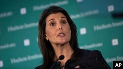 U.S. Ambassador Nikki Haley speaks during the Hudson Institute's 2018 Award Gala Monday, Dec. 3, 2018, in New York. Haley received the Global Leadership Award for her contributions as a champion of human rights and strong American leadership abroad. 