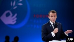 French President Emmanuel Macron delivers a speech at the Paris Peace Forum at the Villette Conference Hall in Paris, France, November 11, 2018.