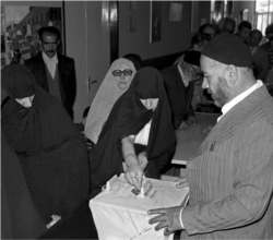 Religious women wearing hijabs cast ballots in Iran's March 30-31, 1979, referendum that produced an overwhelming 'yes' vote to transform the nation into an 'Islamic republic.' (Courtesy Tasnim News)