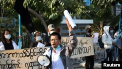 Tayzar San, a protest leader takes part in a protest against the military coup in Mandalay, Myanmar February 4, 2021. Picture taken February 4, 2021.