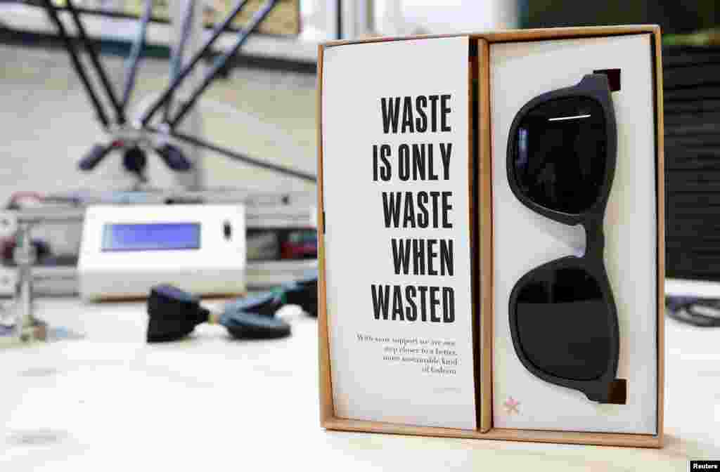 3D printed sunglasses made from plastic waste are pictured at Belgian start-up w.r.yuma in Antwerp, Belgium.