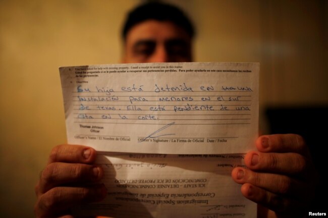 Melvin Garcia, 37, a deportee from the U.S. who was separated from his daughter Daylin Garcia, 12, shows a letter sent by U.S. Immigration and Customs Enforcement during an interview with Reuters in Choloma, Honduras, June 21, 2018. The letter reads "Your daughter is detained in a juvenile detention center in South Texas. She is pending an appointment in court.”