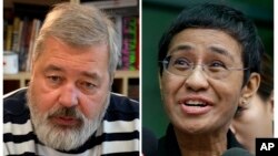 Una combinación de imágenes de archivo del editor de Novaya Gazeta, Dmitry Muratov, a la izquierda, y de la directora ejecutiva y editora ejecutiva de Rappler, Maria Ressa galardondos con el Premio Nobel de la Paz el viernes, 8 de octubre de 2021.