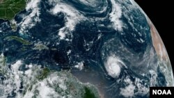 This NOAA satellite image from Sept. 24, 2021, shows hurricane Sam swirling in the southern Atlantic.