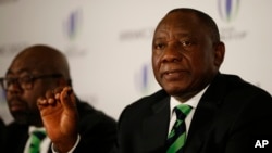 Deputy President of South Africa Cyril Ramaphosa speaks at a press conference in London, Sept. 25, 2017, after helping to present his country's bid for the 2023 Rugby World Cup. 