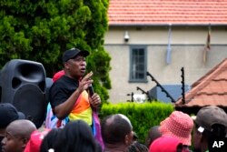 FILE -The Economic Freedom Fighters (EFF) leader Julius Malema speaks during their picket against Uganda's anti-homosexuality bill at the Ugandan High Commission in Pretoria, South Africa, April 4, 2023.