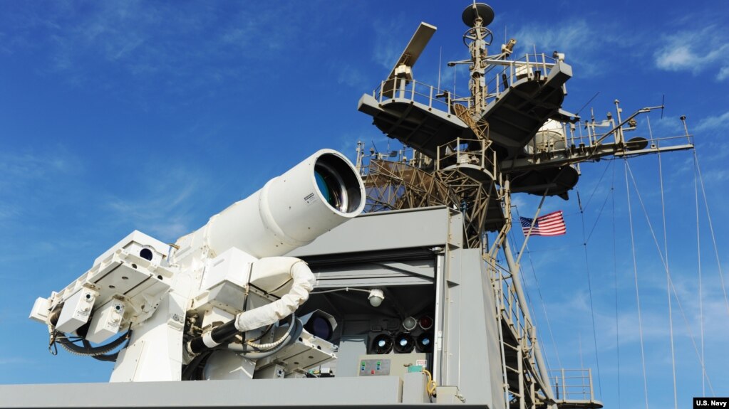 The U.S. Navy's Laser Weapons System (LaWS) is deployed aboard the USS Ponce in the Persian Gulf. LaWS is a collaborative effort between ONR, Naval Sea Systems Command, U.S. Naval Research Laboratory and NSWCDD. (U.S. Navy photo by John F. Williams)