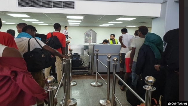 FILE - Ethiopian migrants depart Aden Airport as part of IOM's Voluntary Humanitarian Return initiative, May 22, 2019.