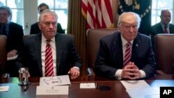 President Donald Trump, accompanied by Secretary of State Rex Tillerson, White House Senior Adviser Steve Bannon, left, and National Security Adviser H.R. McMaster, right, participates in a Cabinet meeting, June 12, 2017, in the Cabinet Room of the White House. 