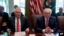 El presidente Donald Trump, acompañado por el secretario de Estado Rex Tillerson, y los principales asistentes del mandatario participan en la primera reunión de gabinete de su gobierno. Junio 12 de 2017.