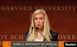 FILE - Federal Reserve Board Governor Lael Brainard speaks at Harvard University in Cambridge, Massachusetts, March 1, 2017.