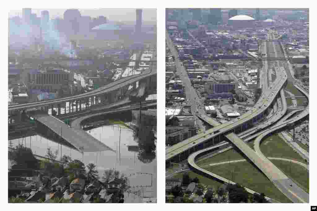 These photos, taken Aug. 30, 2005 (left) and July 29, 2015, show downtown New Orleans flooded by Hurricane Katrina and the same area a decade later.