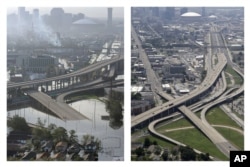 This combination of Aug. 30, 2005, and July 29, 2015, photos shows downtown New Orleans floolded by Hurricane Katrina and the same area a decade later.