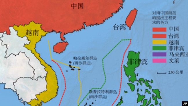 南中国海主权争议地图。
